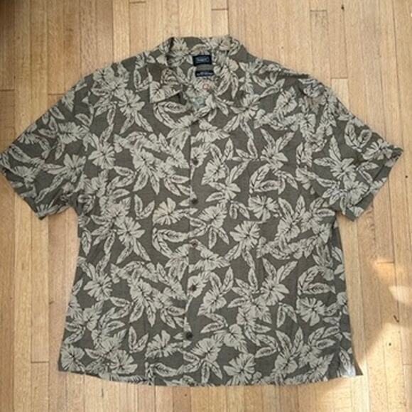 Haggar 100% Silk Hawaiian Shirt Mens XL Brown Palm Tree Floral Button Up - Picture 7 of 8